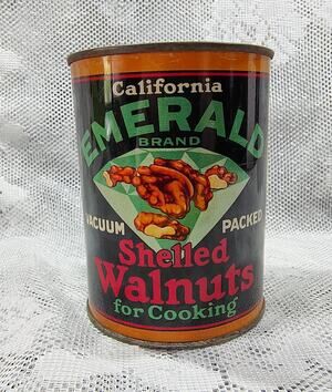 VINTAGE NOS 1930'S EMERALD SHELLED WALNUTS UNOPENED TIN CAN WITH LID